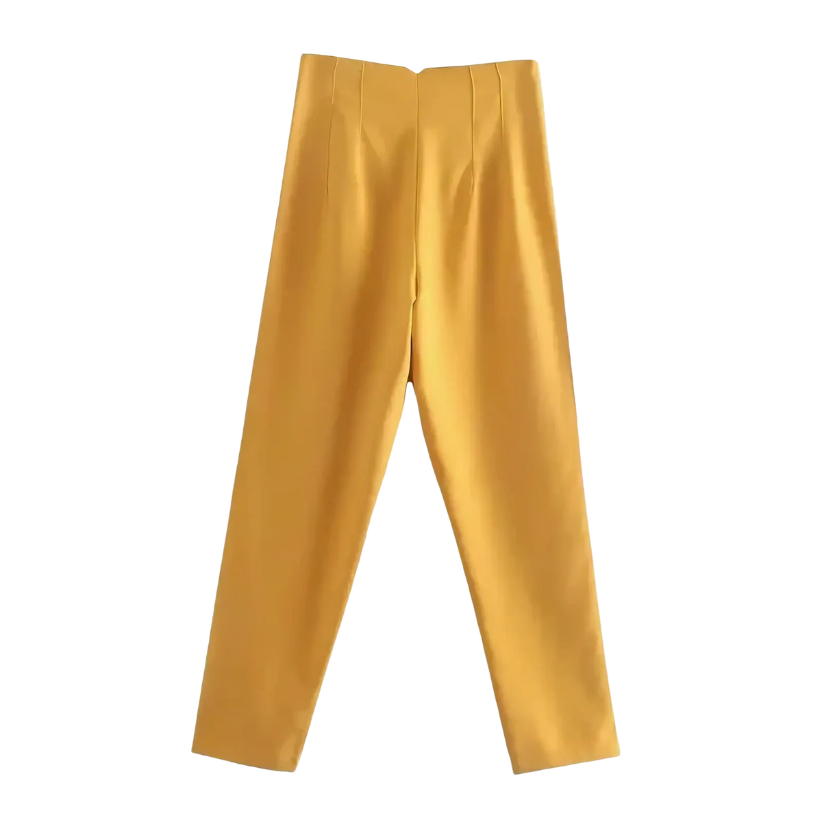 Golden high waist pleated formal office pants for women with a sleek satin finish and subtle waistband pleats