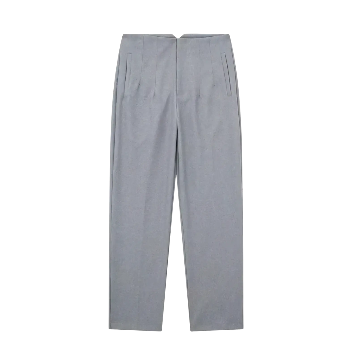 High waist pleated formal office pants for women light gray straight-leg trousers with subtle textured fabric and front pockets