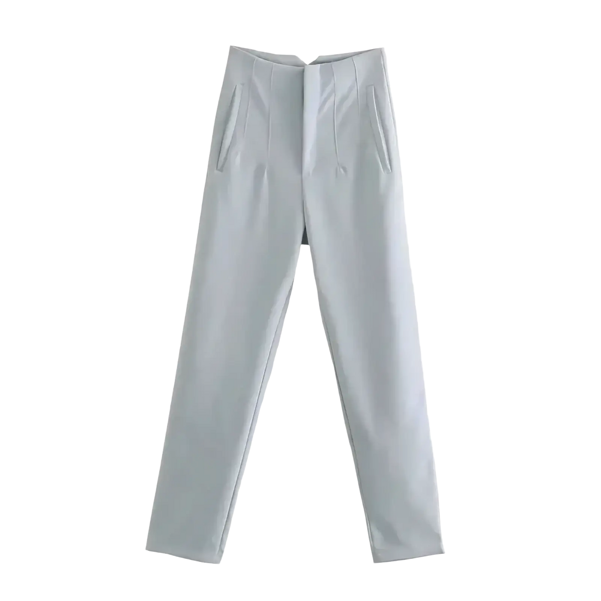 Light gray high waist pleated formal office pants for women with tailored fit and subtle front pleats