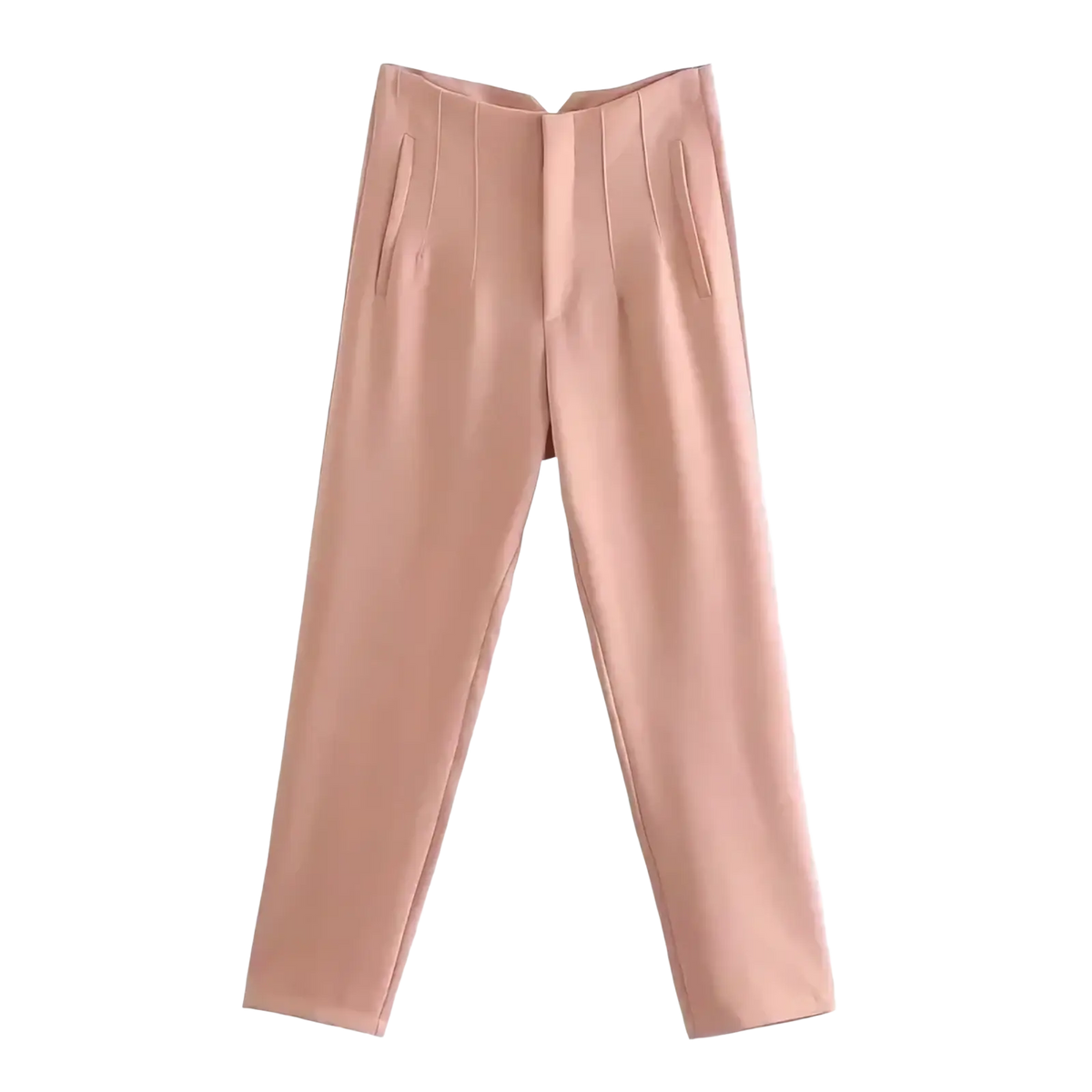 A pair of blush pink high waist pleated formal office pants for women with a sleek tailored fit and subtle front pleats
