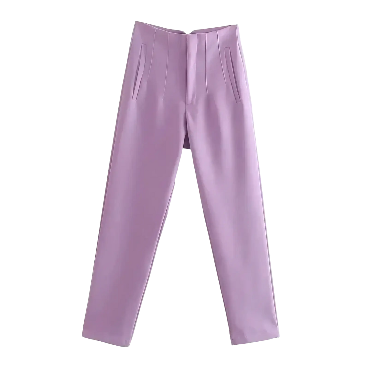A pair of lavender high waist pleated formal office pants for women with a sleek tailored fit and subtle front pleats