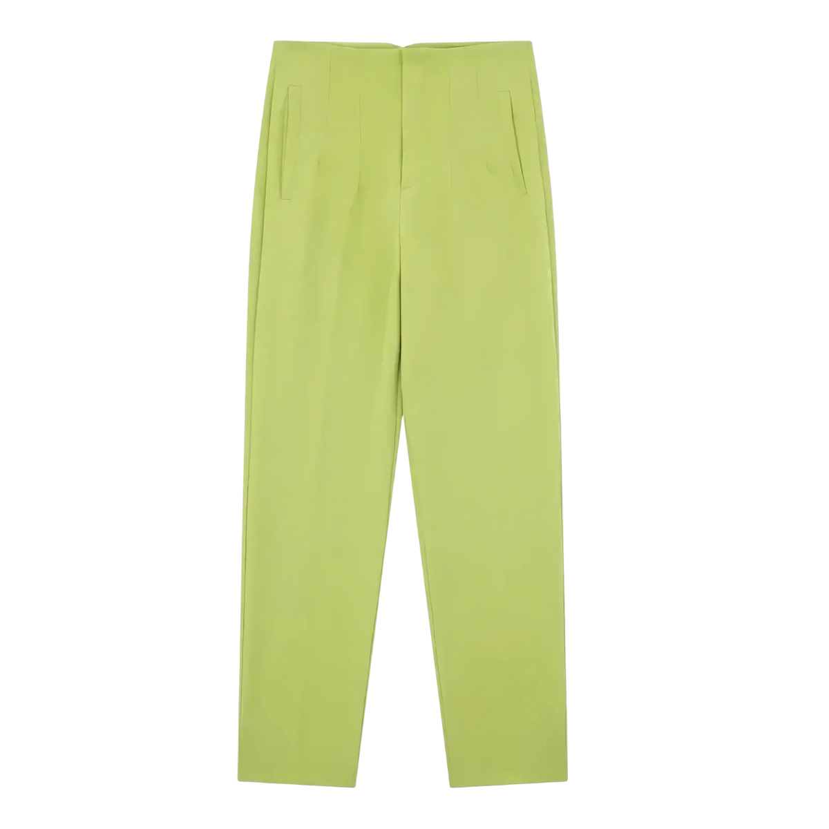 A pair of light green high waist pleated formal office pants for women with straight legs and subtle side pockets