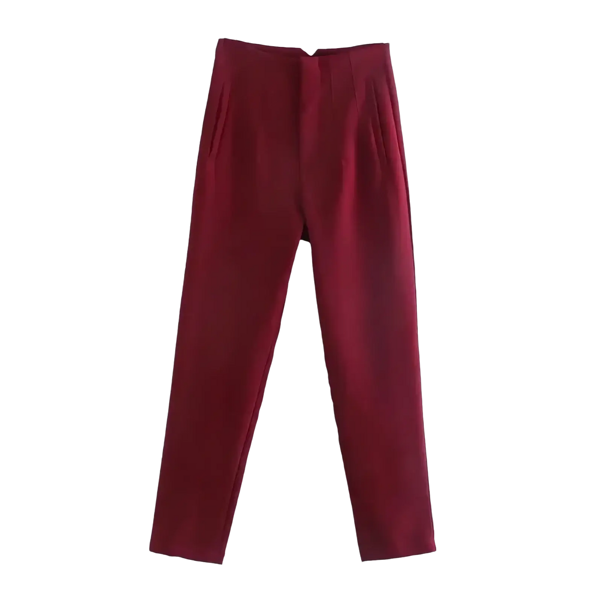 A pair of high waist pleated formal office pants for women in rich burgundy tailored fabric with subtle front pleats