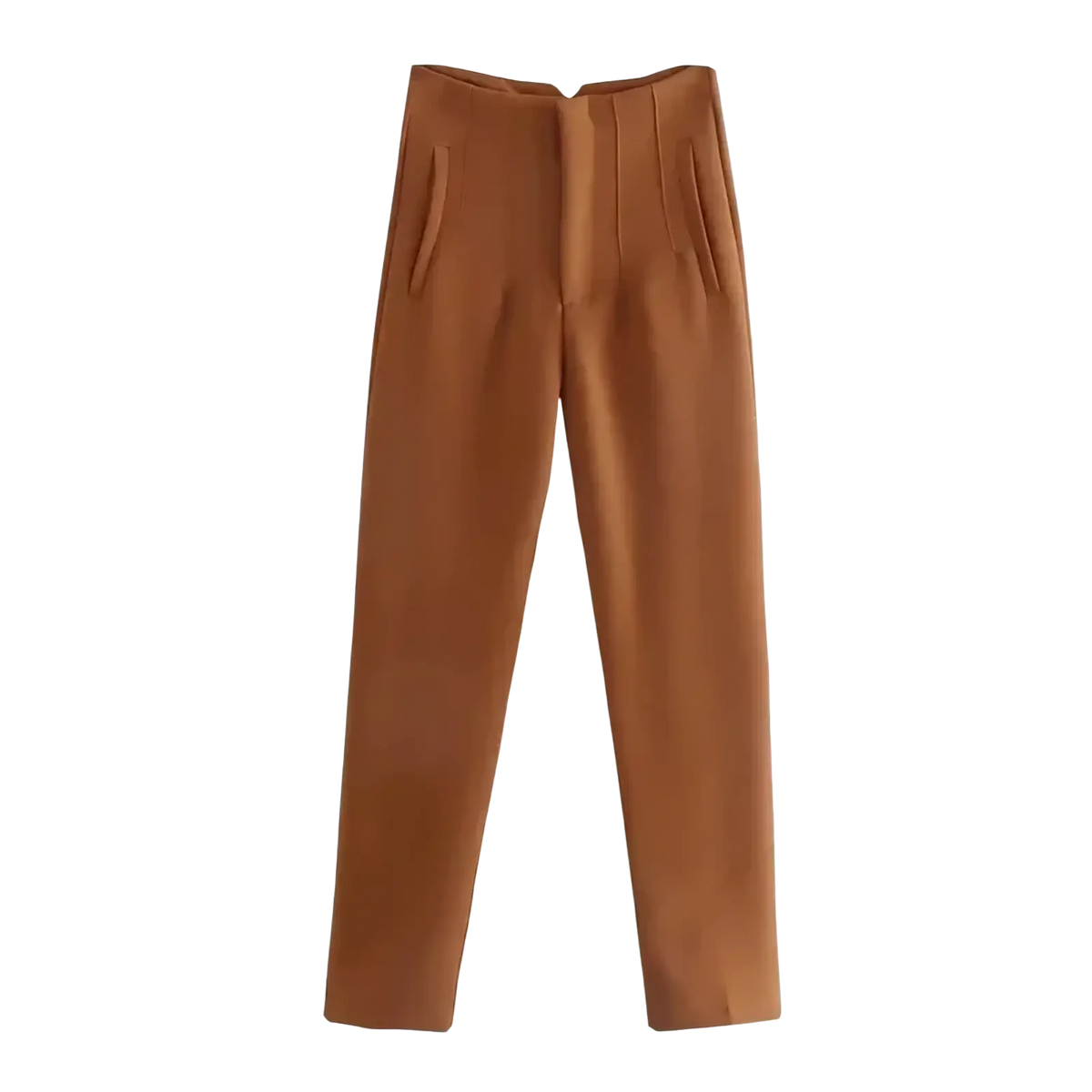 A pair of high waist pleated formal office pants for women in brown with a tailored fit and subtle vertical pleats