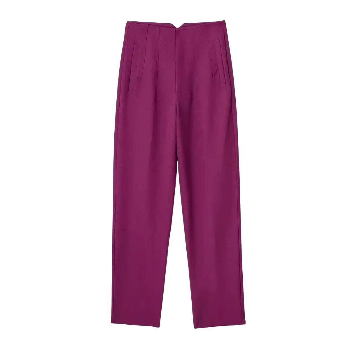 Purple high waist pleated formal office pants for women with a sleek straight-leg cut and subtle front pleats