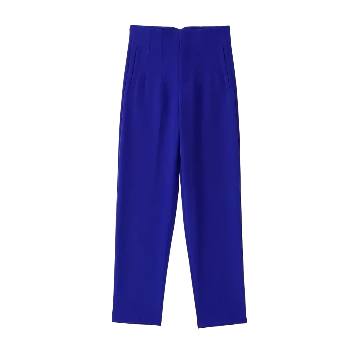 Royal blue high waist pleated formal office pants for women with a sleek straight-leg cut and subtle waistband pleats