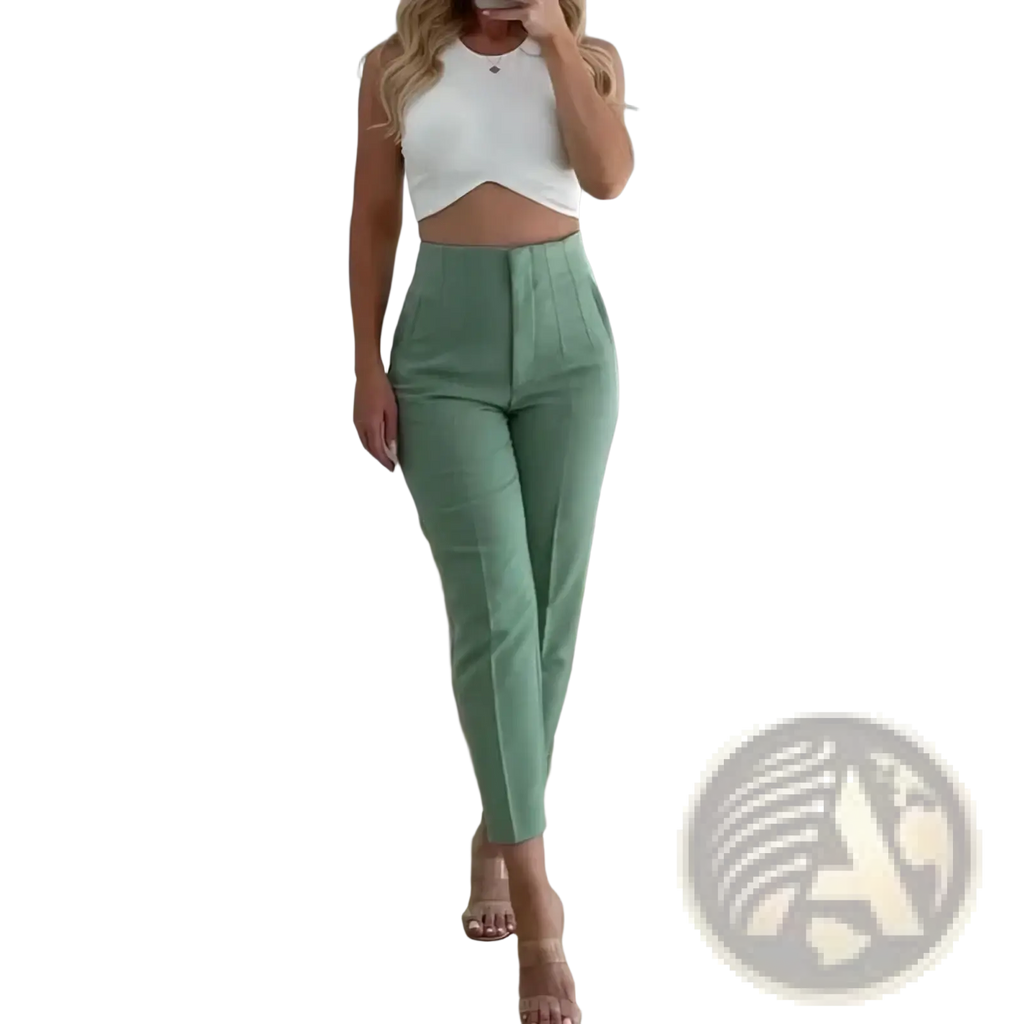 High-waisted mint green tailored pleated formal office pants for women made from premium fabric