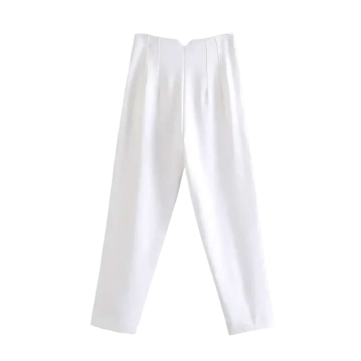 White high waist pleated formal office pants for women with tailored straight-leg cut and subtle waistband pleats