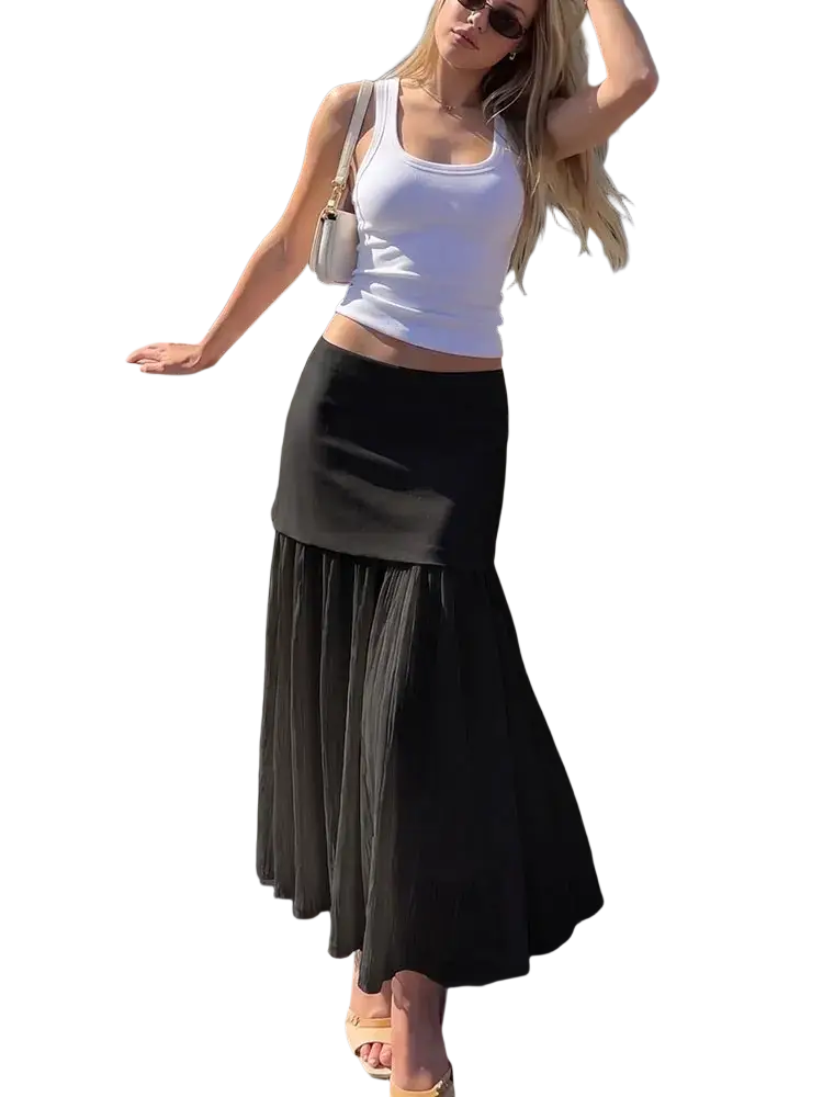 Black high waist pleated long skirt with fitted waistband and midi length perfect for formal and casual wear