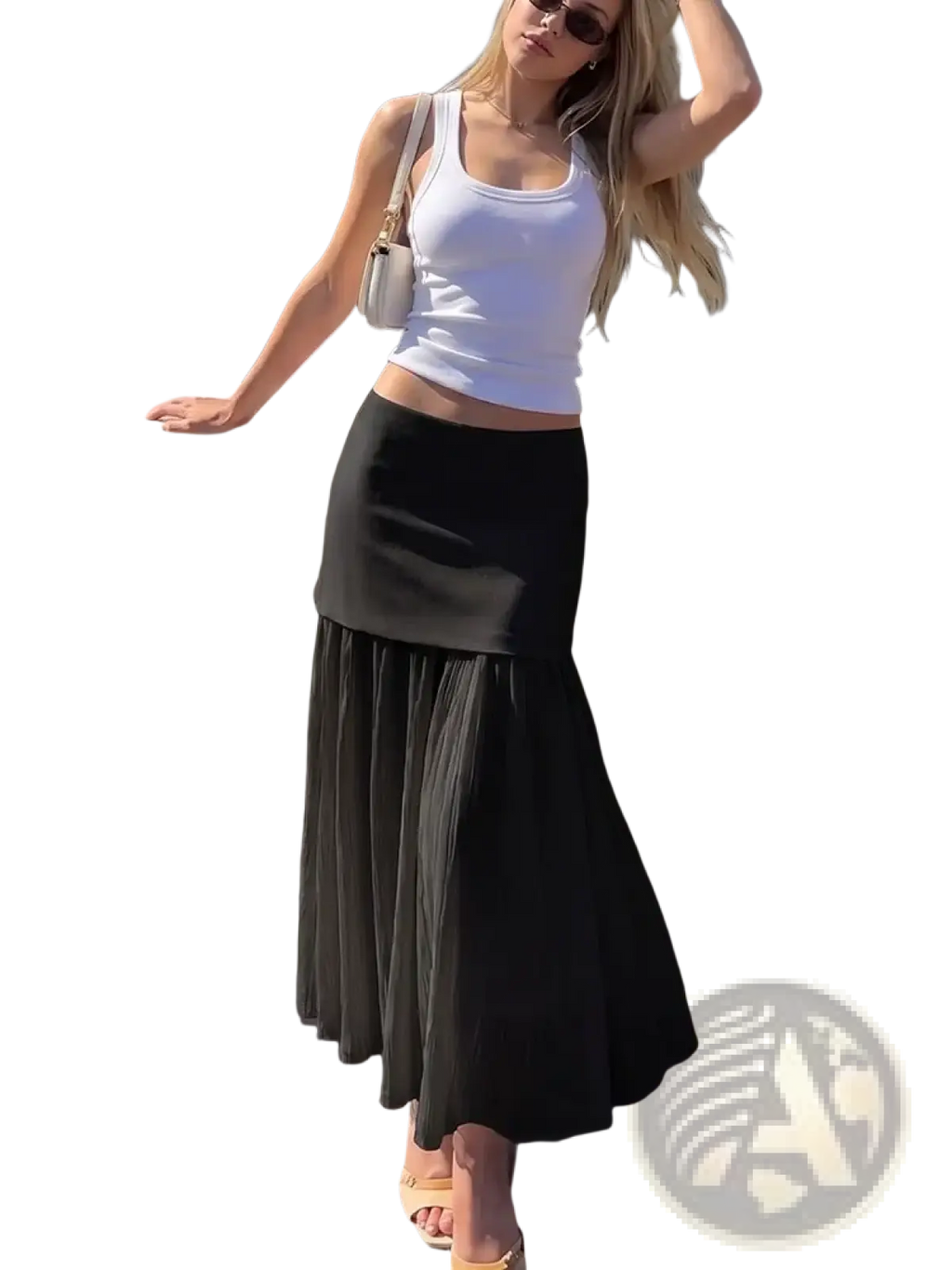 Black high waist pleated long skirt with fitted waistband and midi length perfect for formal and casual wear