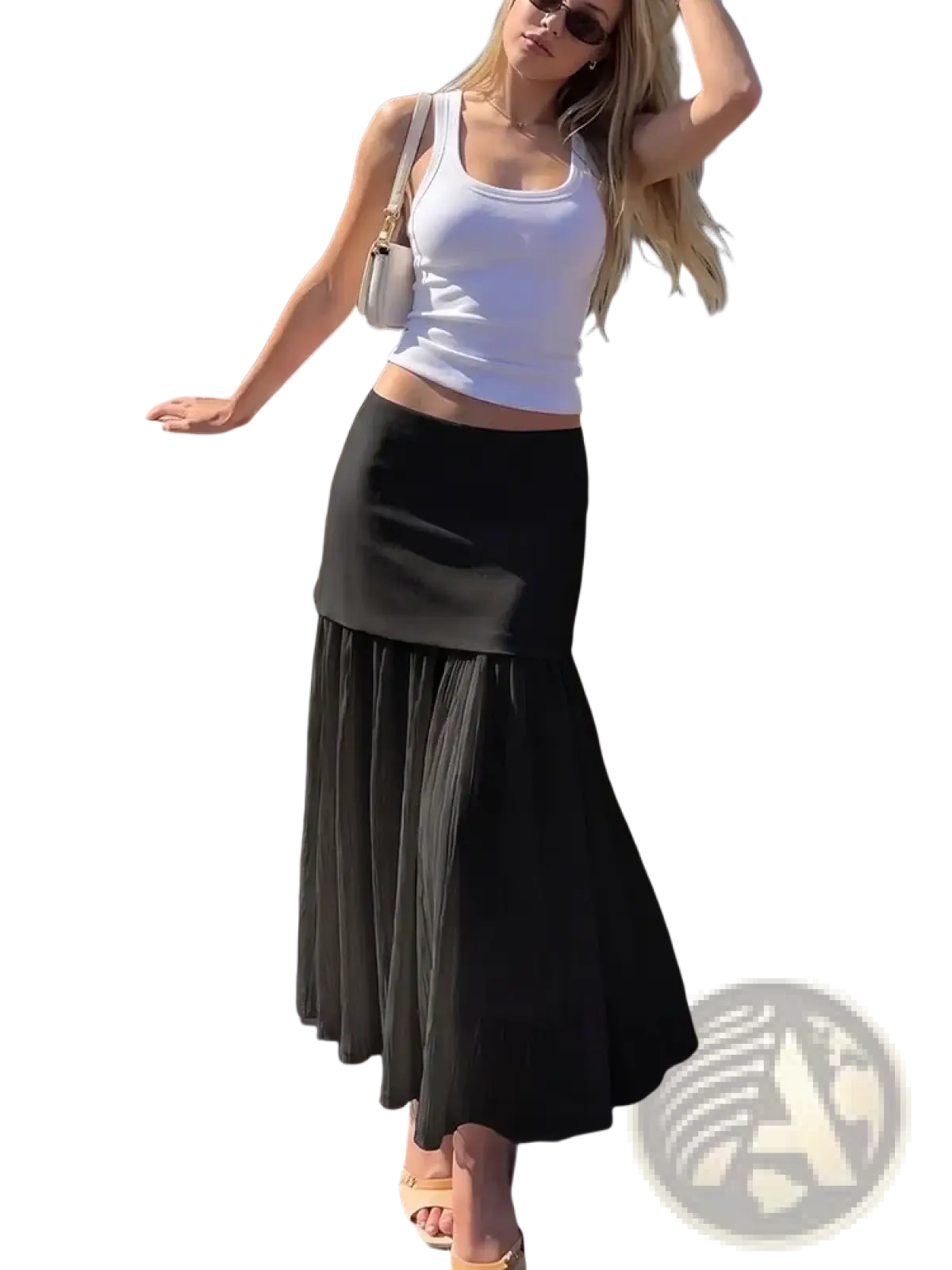 Black high waist pleated long skirt with fitted waistband and midi length perfect for formal and casual wear