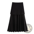 Black high waist pleated long skirt with solid upper layer and flowing sheer lower tier for elegant wear