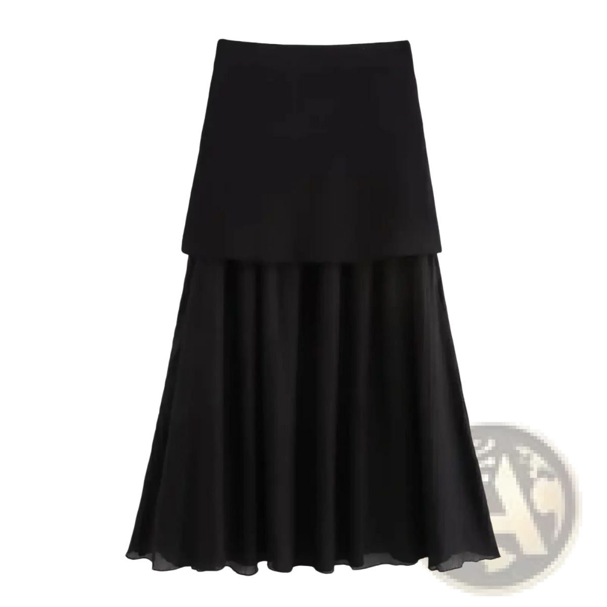 Black high waist pleated long skirt with solid upper layer and flowing sheer lower tier for elegant wear