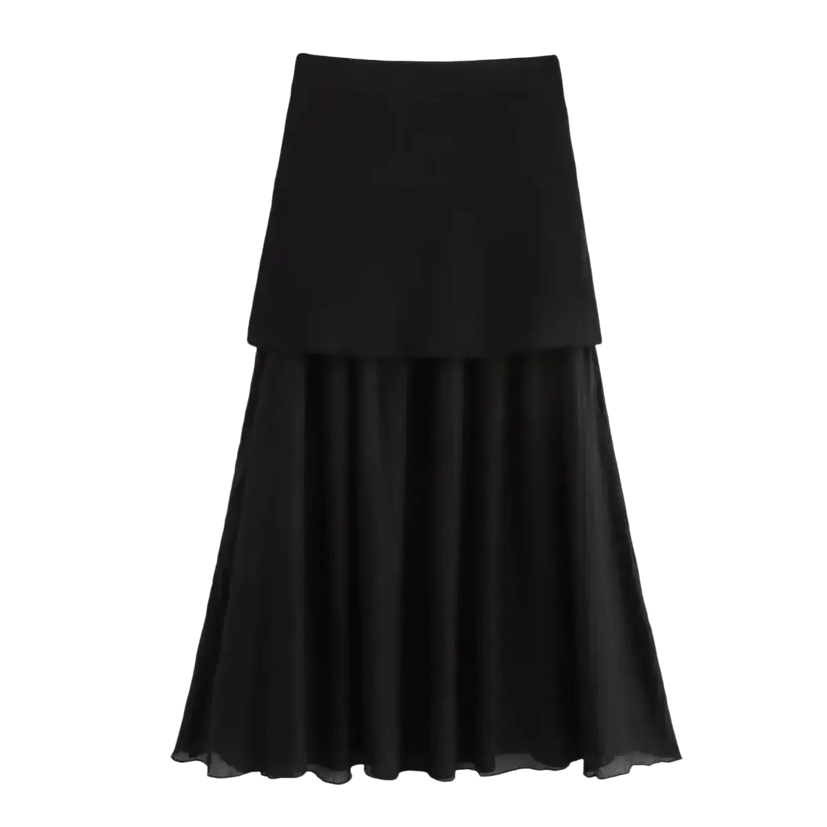 Black high waist pleated long skirt with solid upper layer and flowing sheer lower tier for elegant wear