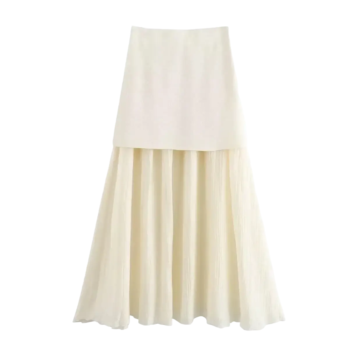 Cream-colored high waist pleated long skirt with structured top layer and flowing chiffon bottom in two-piece design