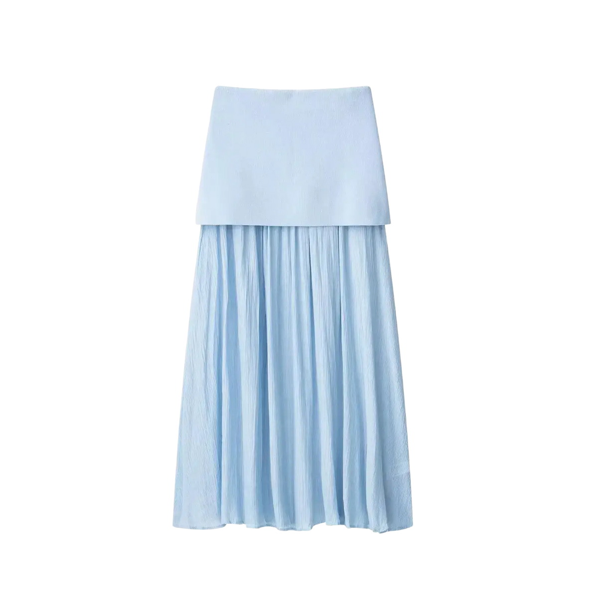 A light blue high waist pleated long skirt with a solid structured top and flowing pleated lower section