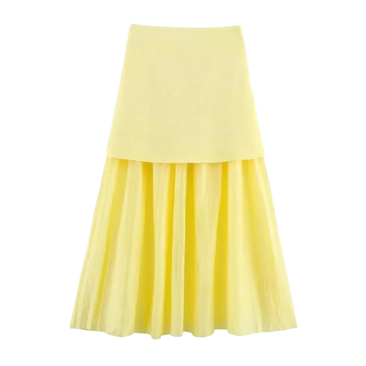 High waist pleated long skirt in pale yellow with a solid upper section and flowing pleated lower tier