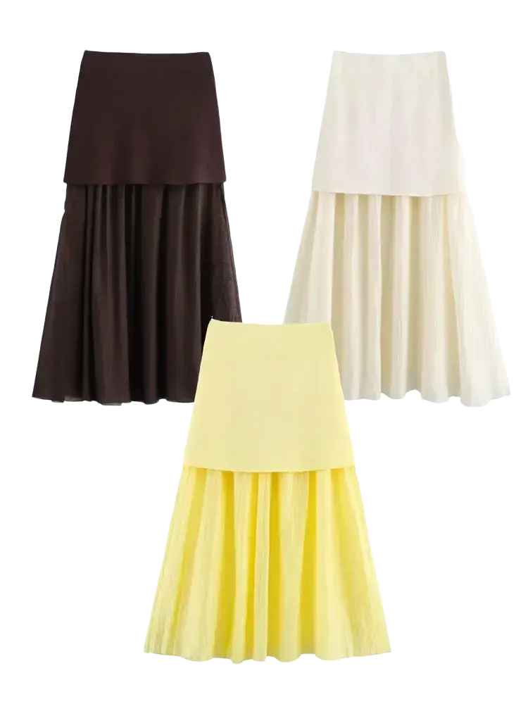 High waist pleated long skirt featuring three tiered midi skirts in brown cream and yellow colors