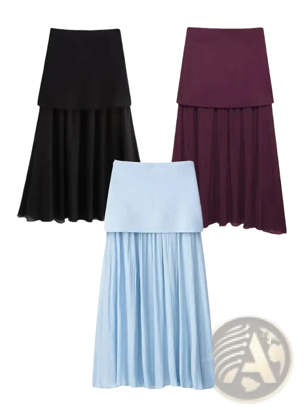Three tiered high waist pleated midi skirts in black burgundy and light blue made of lightweight fabric