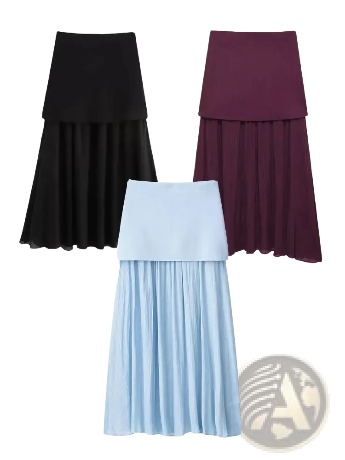 Three tiered high waist pleated midi skirts in black burgundy and light blue made of lightweight fabric