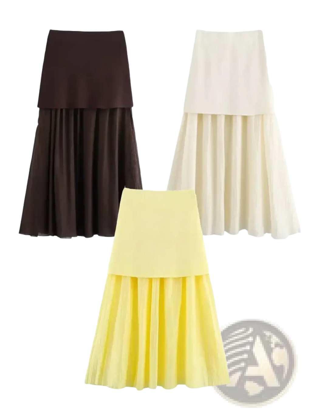 High waist pleated long skirt featuring three tiered midi skirts in brown cream and yellow colors