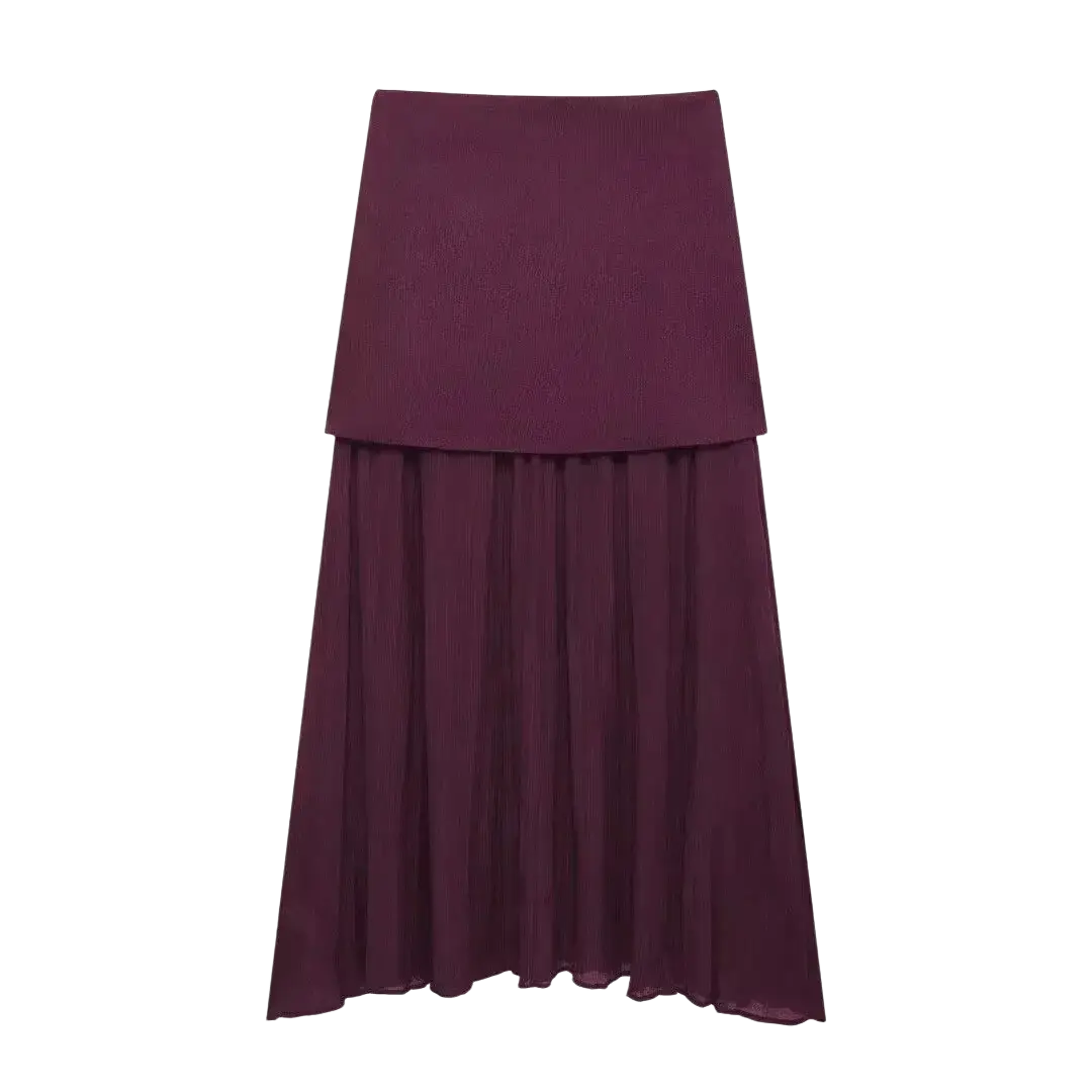 High waist pleated long skirt in burgundy featuring a structured top layer and flowing pleated bottom layer