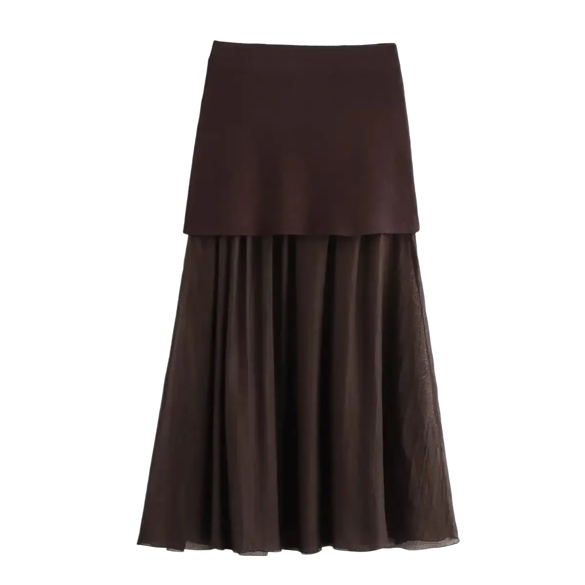 High waist pleated long skirt in two-toned brown with a solid upper layer and sheer flowing lower tier