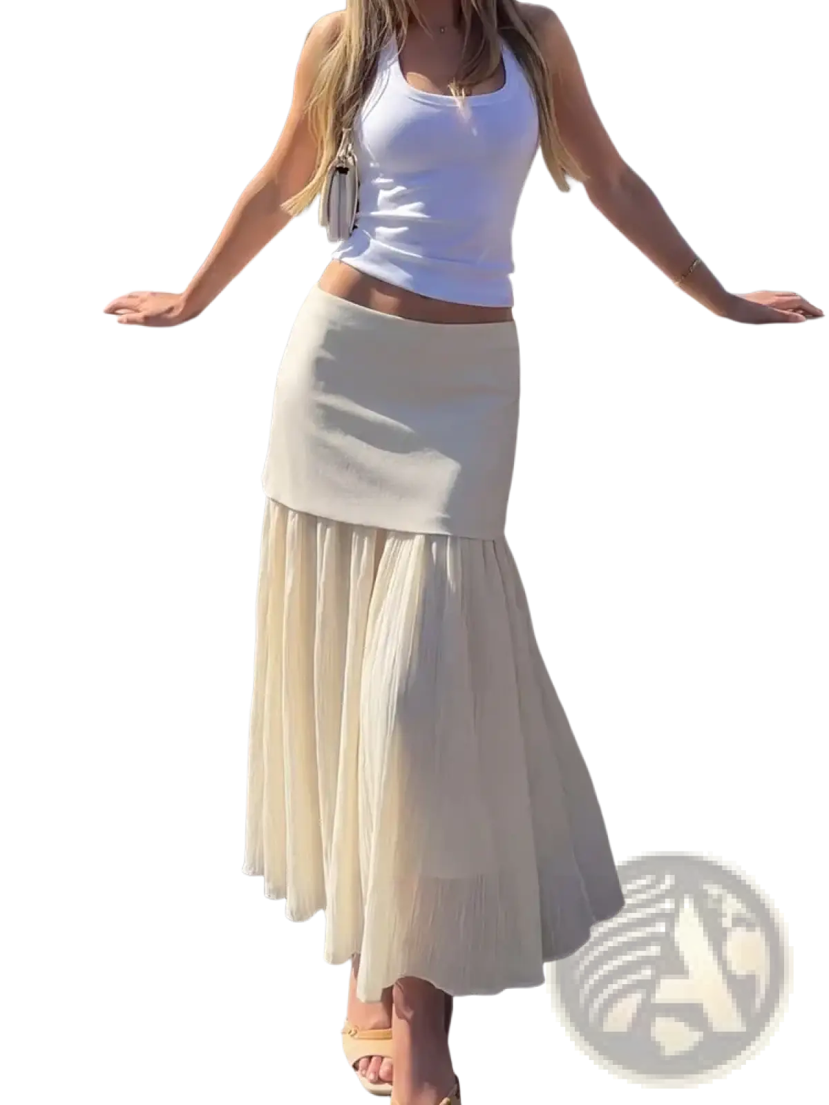 A flowing off-white high waist pleated long skirt with a fitted waistband in a soft fabric for elegant wear