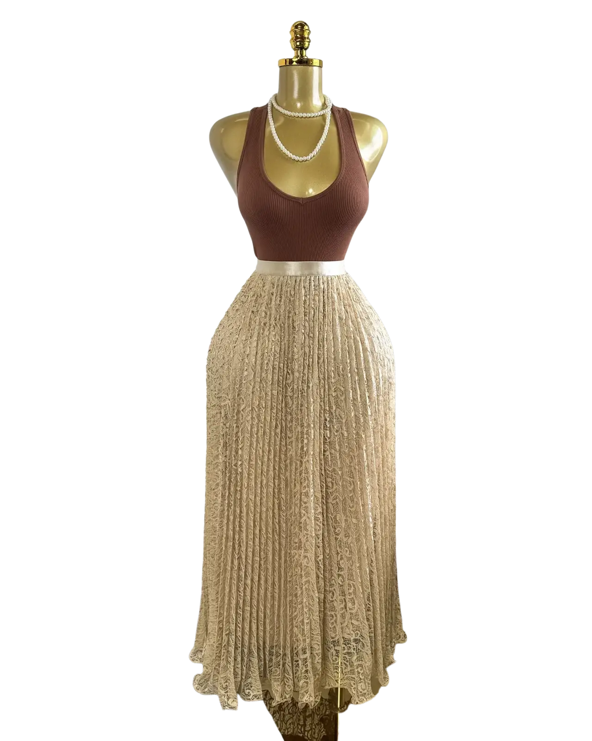 High waist pleated midi skirt in beige lace with floral pattern and satin waistband for y2k streetwear style