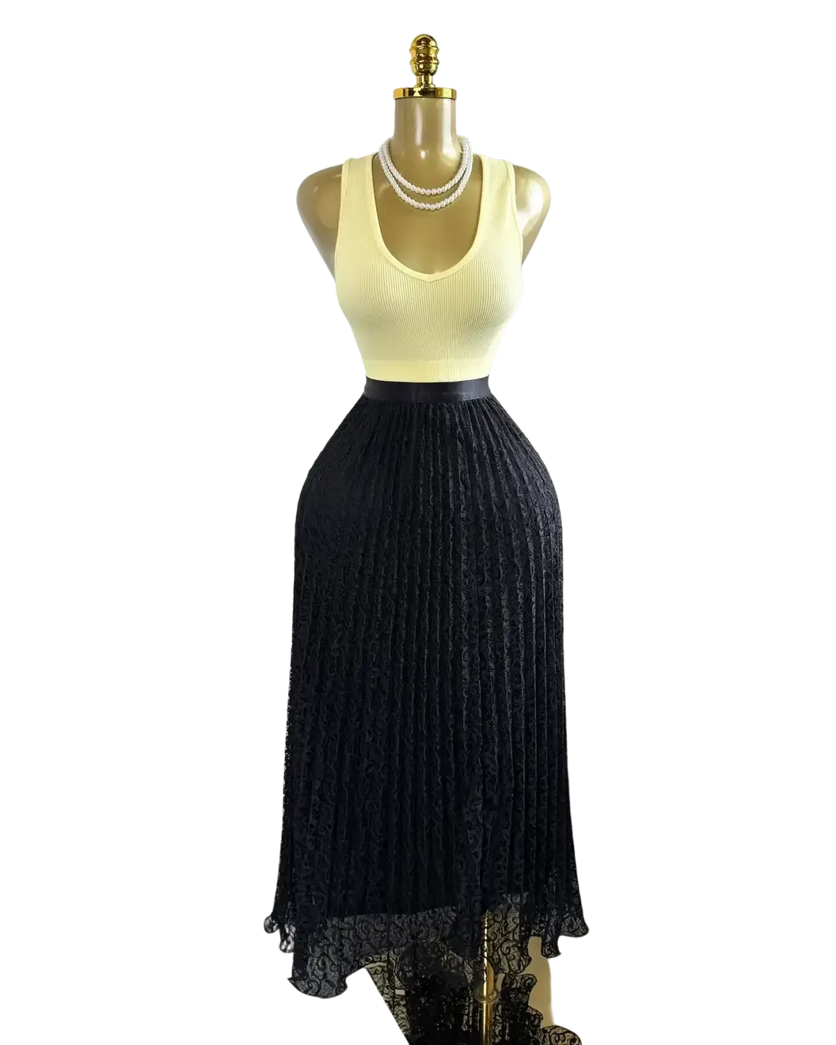 Black high waist pleated midi skirt with lace fabric and satin waistband suitable for y2k streetwear style
