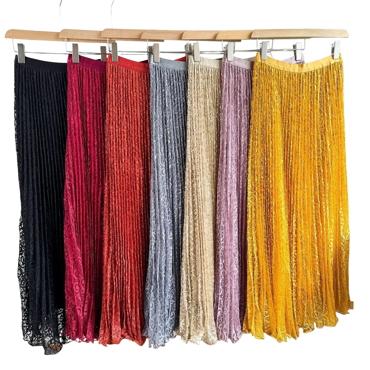 A collection of high waist pleated lace midi skirts in black red gray beige purple and yellow for y2k streetwear