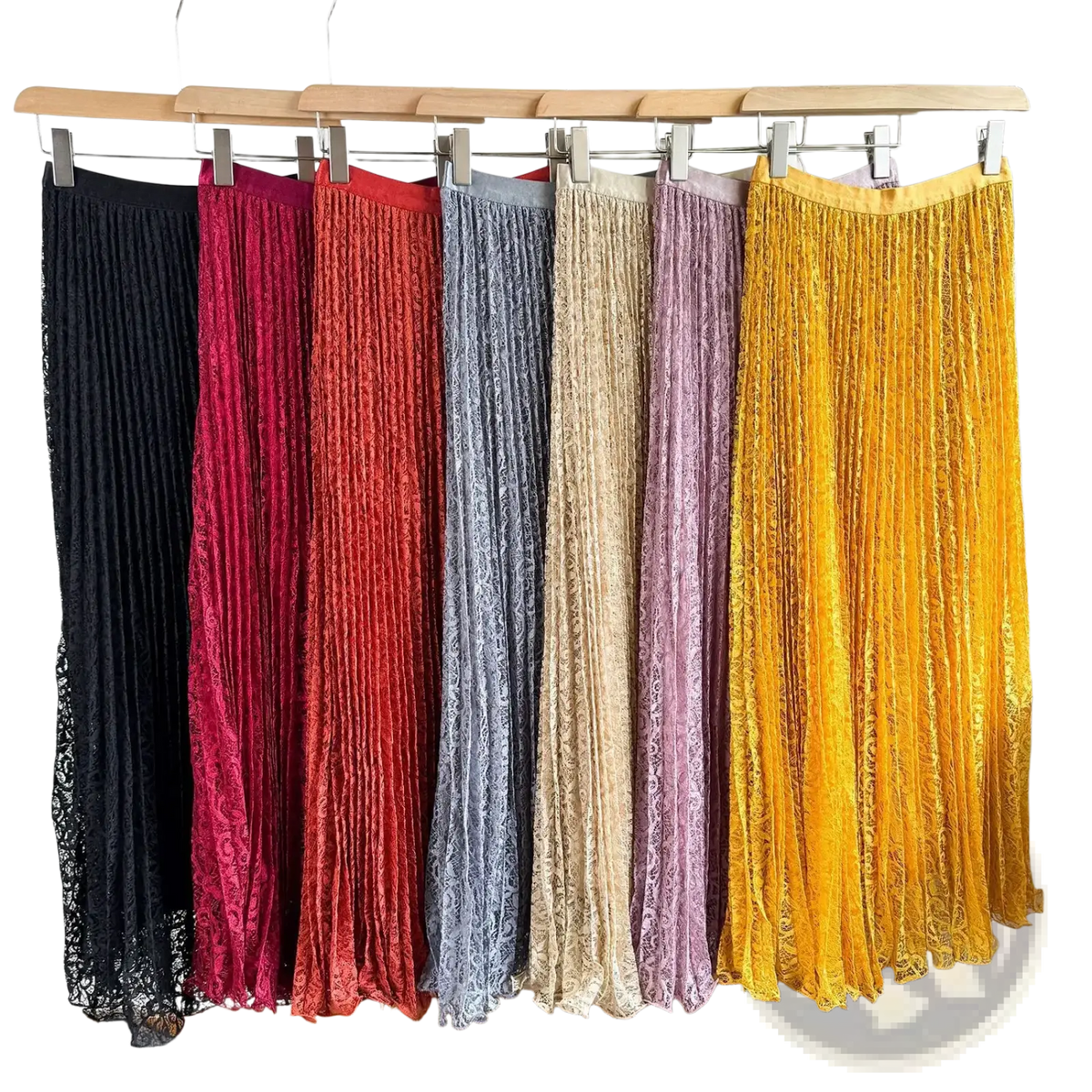 A collection of high waist pleated lace midi skirts in black red gray beige purple and yellow for y2k streetwear
