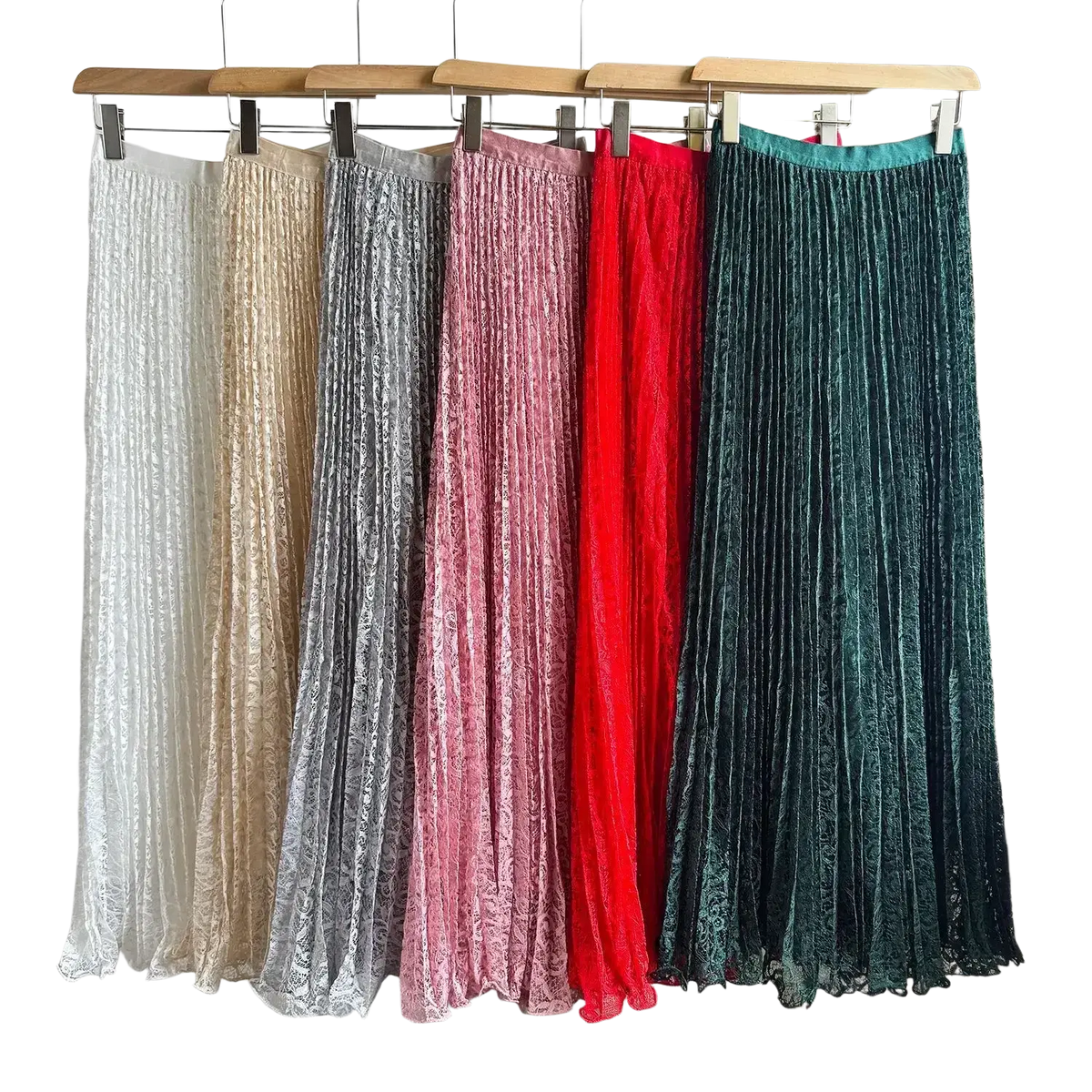 A collection of six high waist pleated velvet midi skirts in white beige silver pink red and teal y2k streetwear
