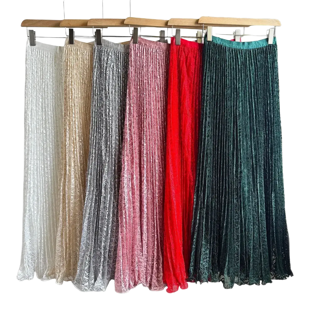 A collection of high waist pleated midi skirts in white beige silver pink red and teal velvet for Y2k streetwear