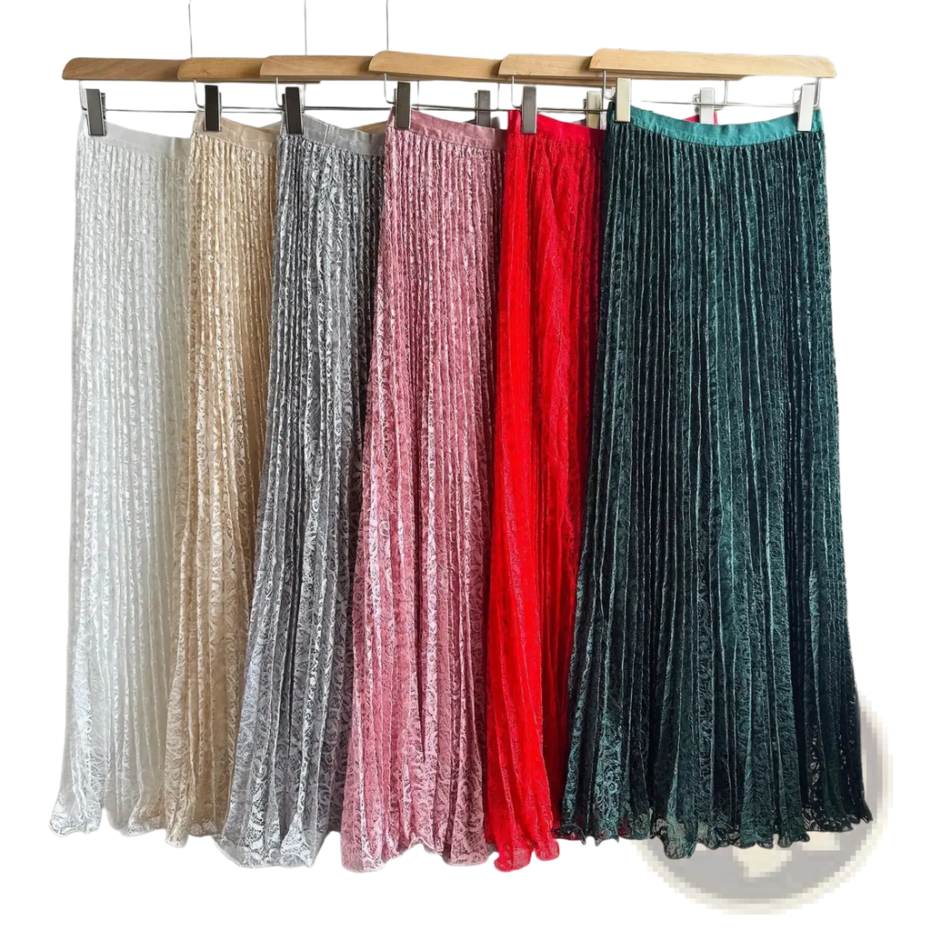 A collection of high waist pleated midi skirts in white beige silver pink red and teal velvet for Y2k streetwear