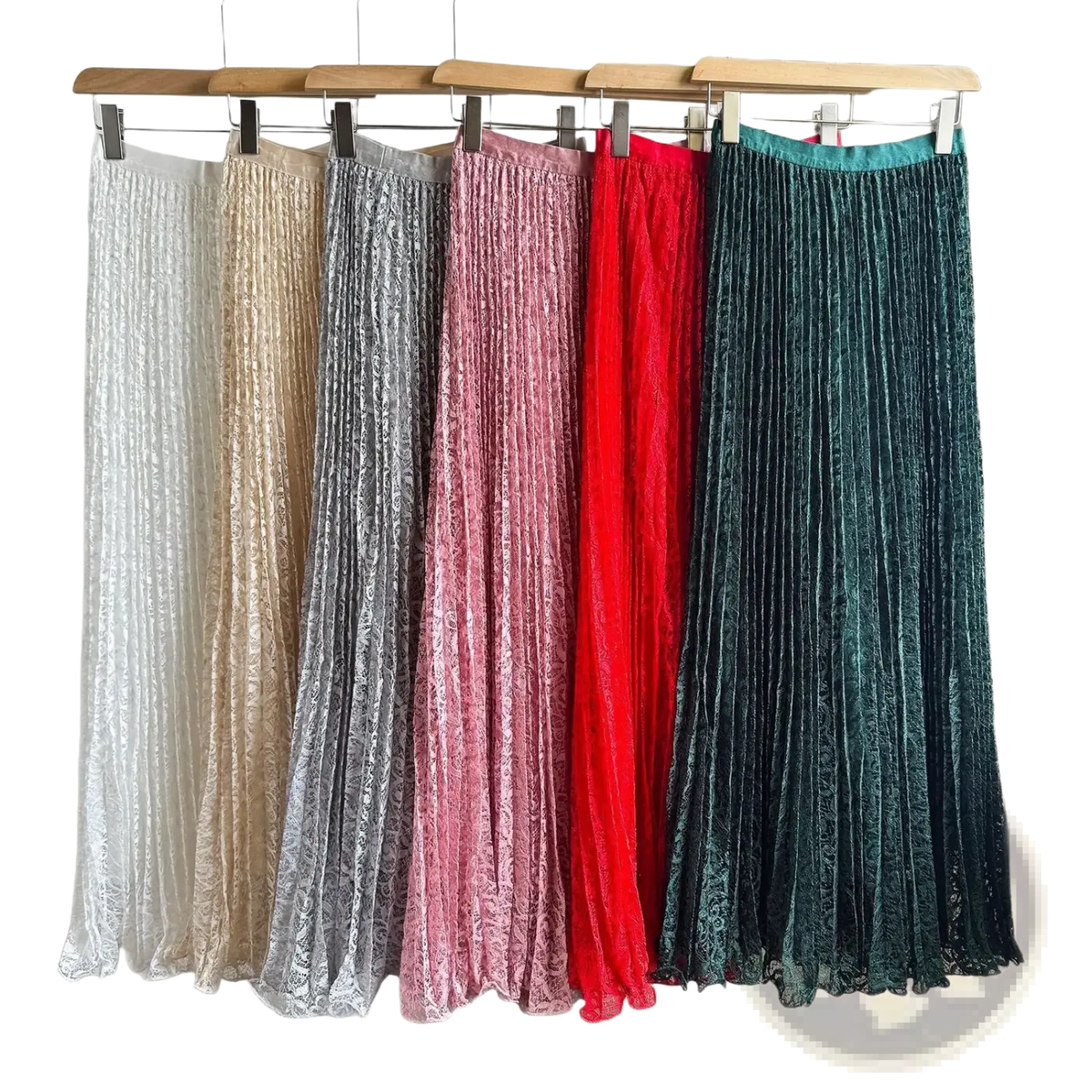 A collection of high waist pleated midi skirts in white beige silver pink red and teal velvet for Y2k streetwear