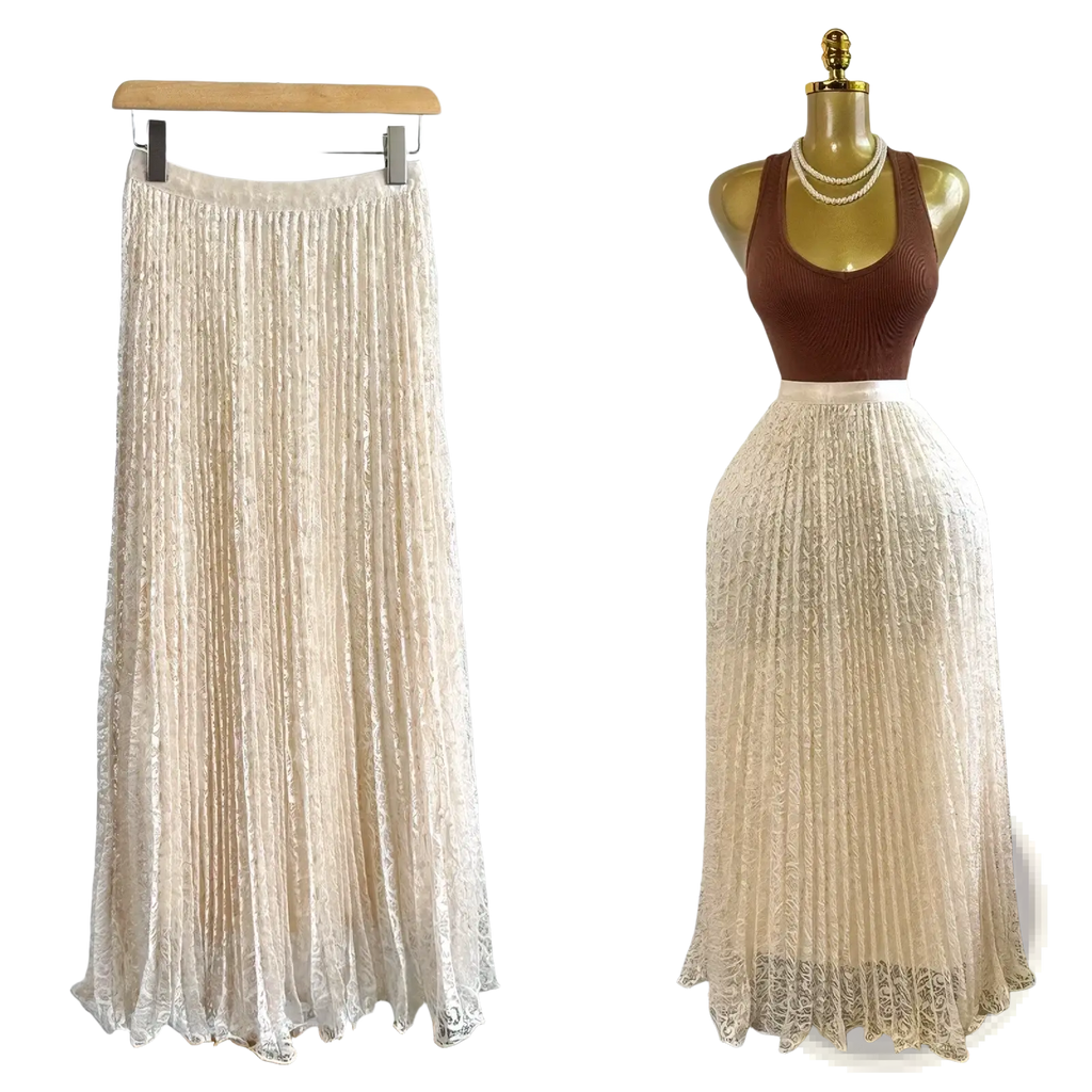 A cream-colored high waist pleated midi skirt with lace floral embroidery and sheer texture for Y2k streetwear