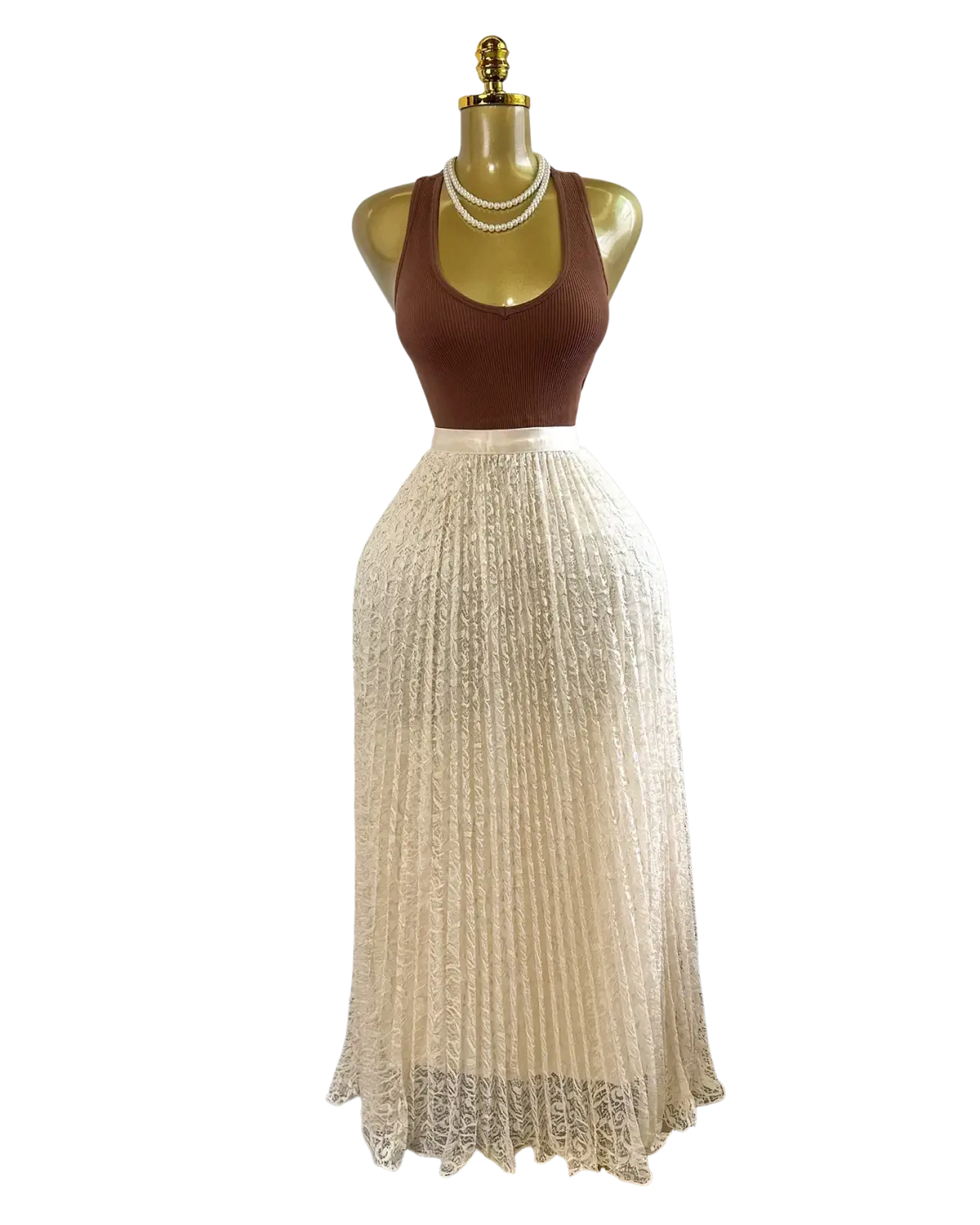 A flowing cream-colored lace pleated high waist midi skirt displayed on a mannequin for y2k streetwear style