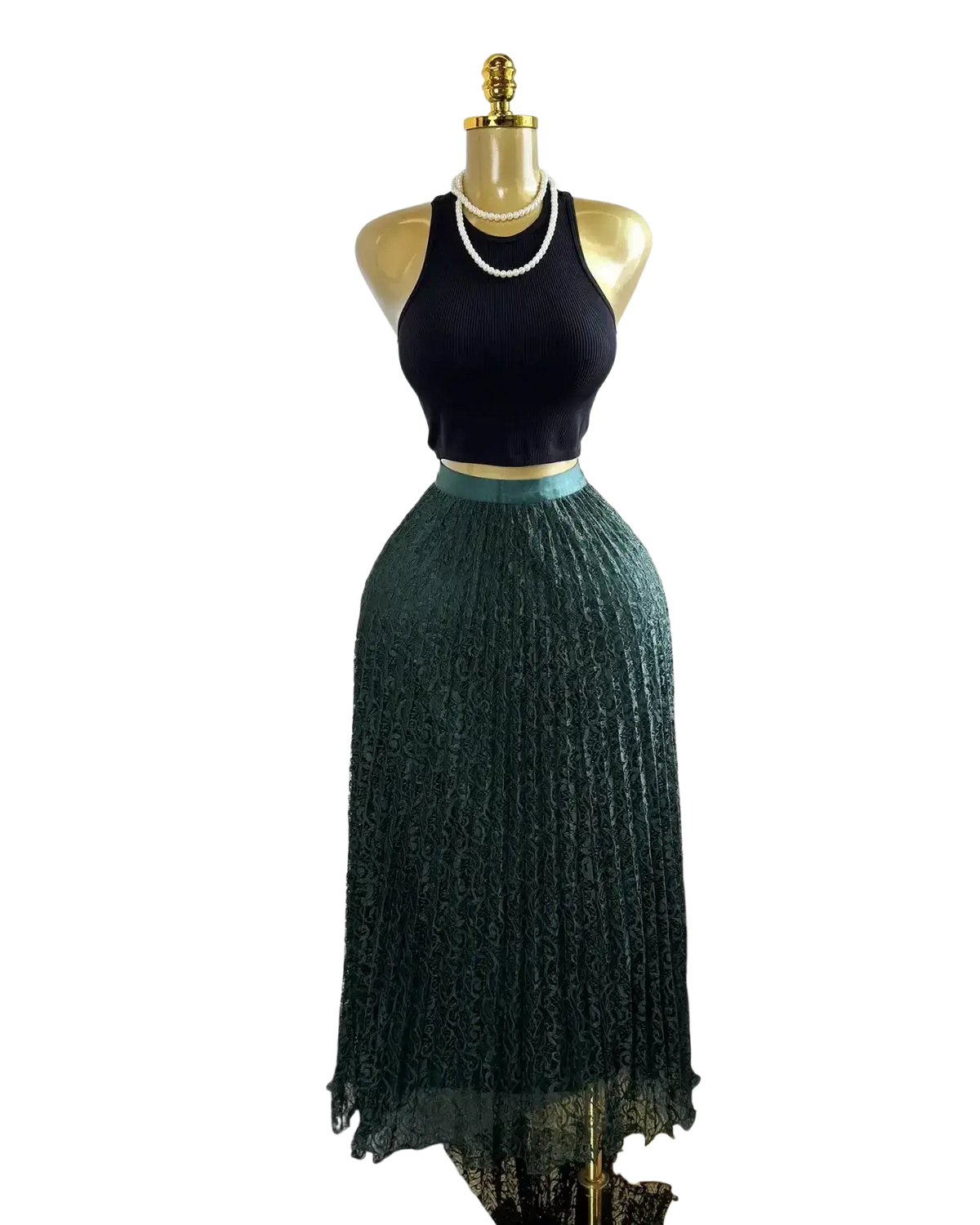 High waist pleated midi skirt in dark green lace with sheer overlay and black lace trim for Y2k streetwear
