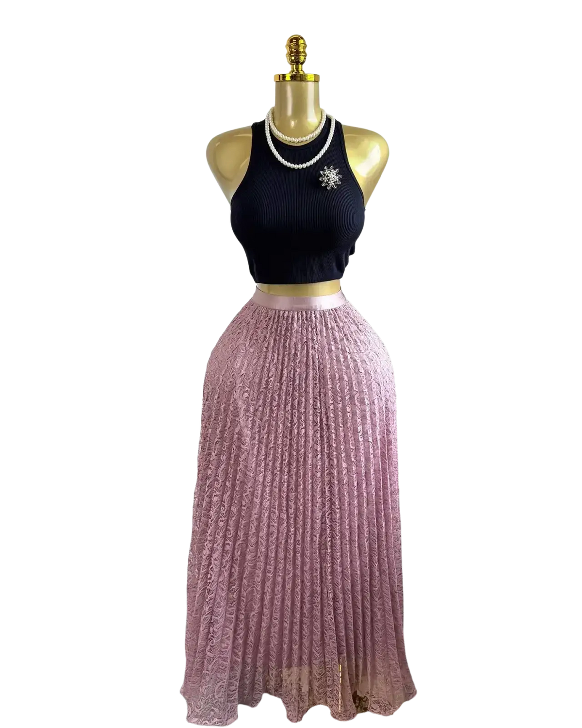 A delicate pink high waist pleated lace midi skirt with subtle sheen displayed on a mannequin y2k streetwear