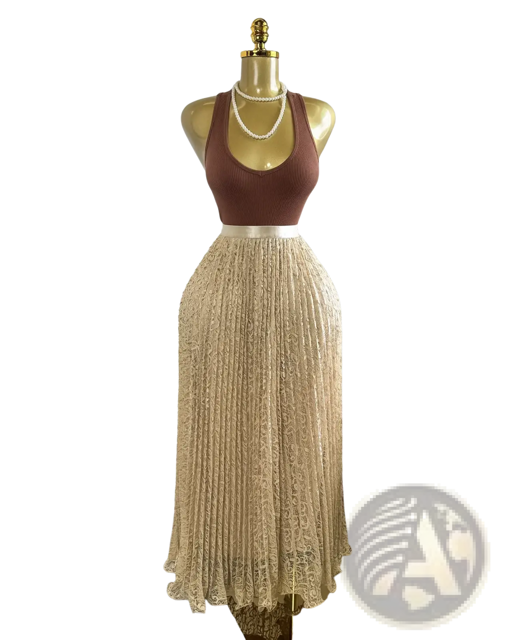 High waist pleated midi skirt in beige lace with floral pattern and satin waistband for y2k streetwear style