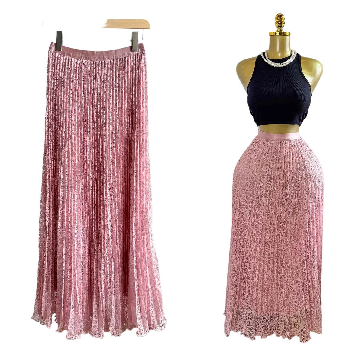 A flowing pink high waist pleated midi lace skirt with intricate pattern and soft satin waistband for y2k streetwear