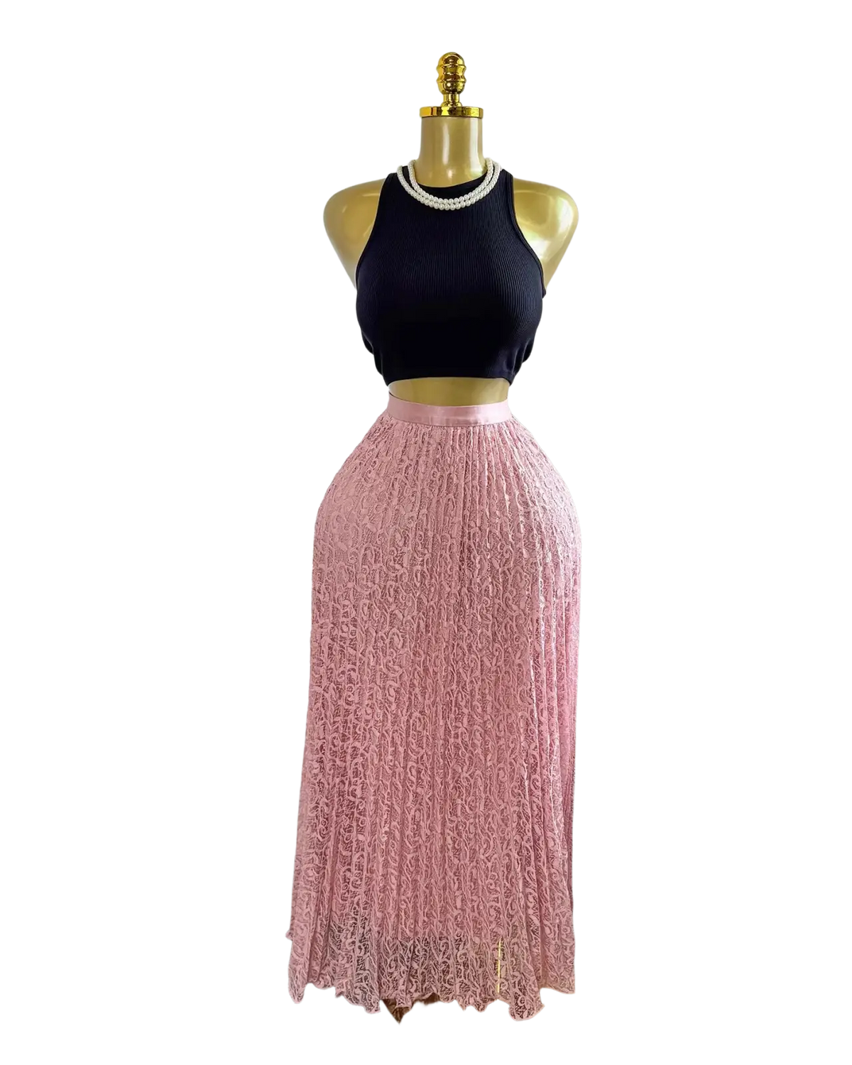 Pink lace pleated midi skirt with satin waistband high waist y2k streetwear style for casual wear