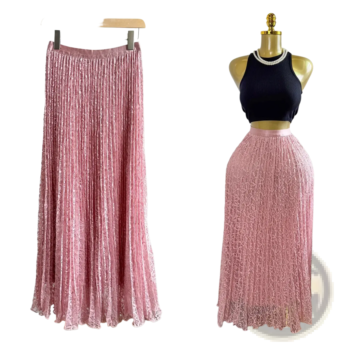 A flowing pink high waist pleated midi lace skirt with intricate pattern and soft satin waistband for y2k streetwear