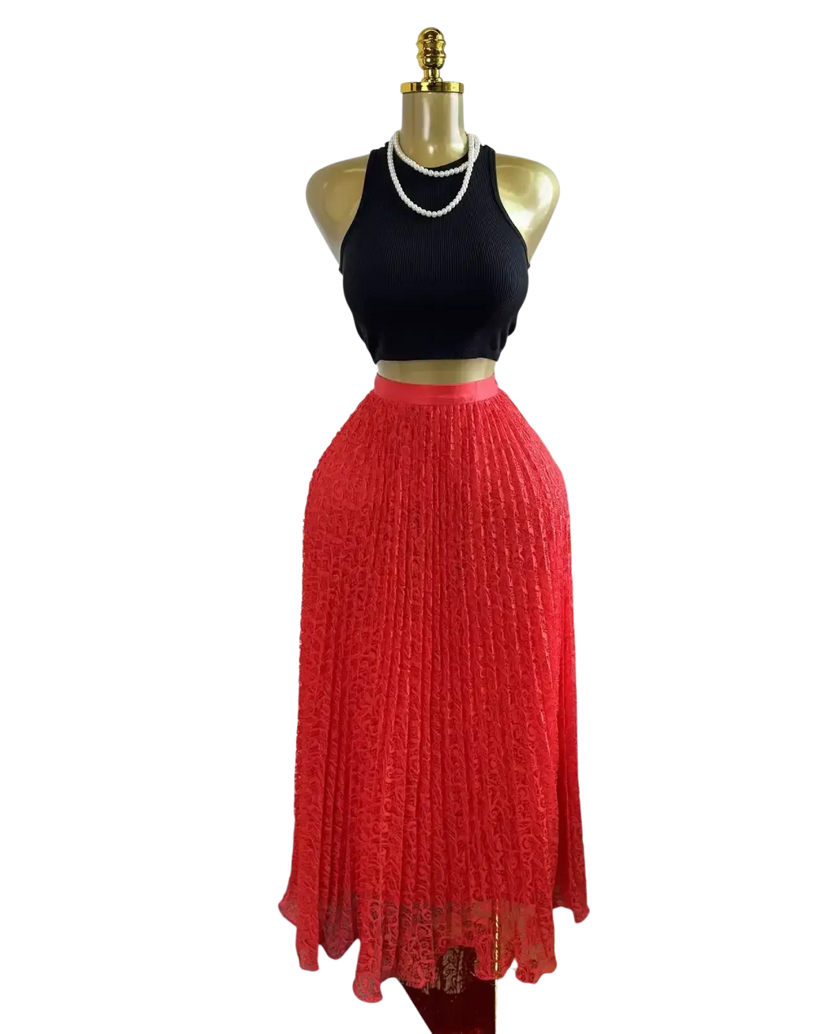 A vibrant red high waist pleated lace maxi skirt with delicate floral patterns for Y2k streetwear