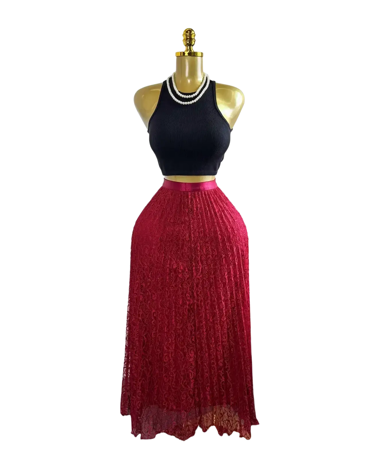 A vibrant red high waist pleated lace midi skirt with sheer y2k streetwear style and scalloped hemline
