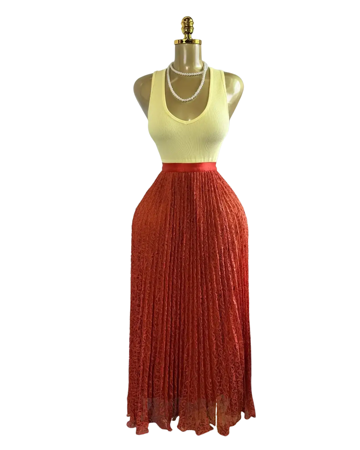 A vibrant red high waist pleated lace maxi skirt displayed on a mannequin for Y2k streetwear style