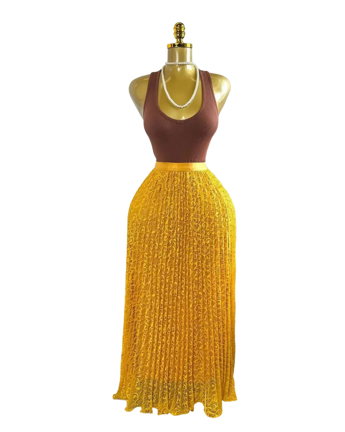 A vibrant yellow high waist pleated midi lace skirt with a gold waistband displayed on a golden mannequin