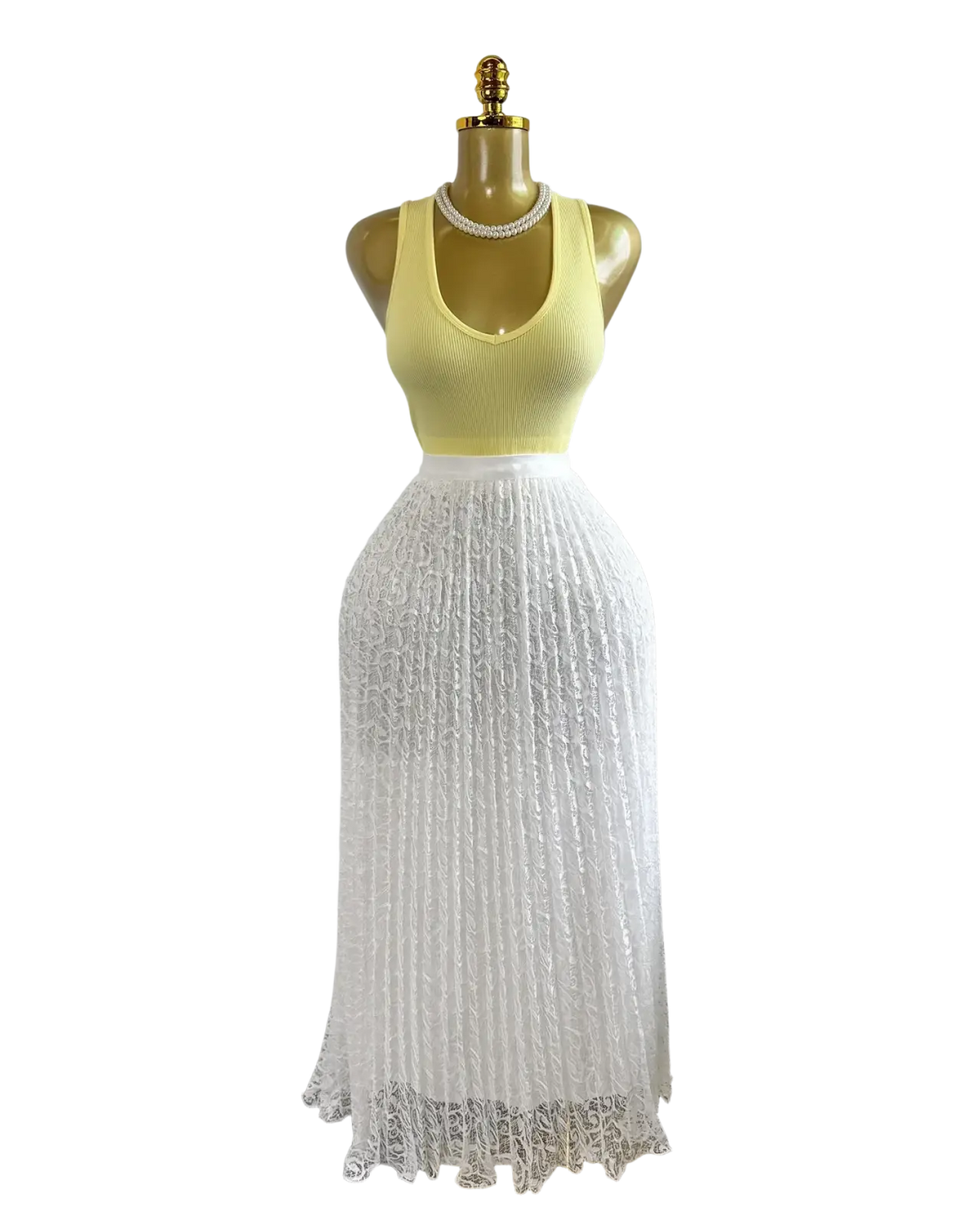 A flowing white lace pleated maxi skirt displayed on a mannequin high waist pleated midi skirt y2k streetwear