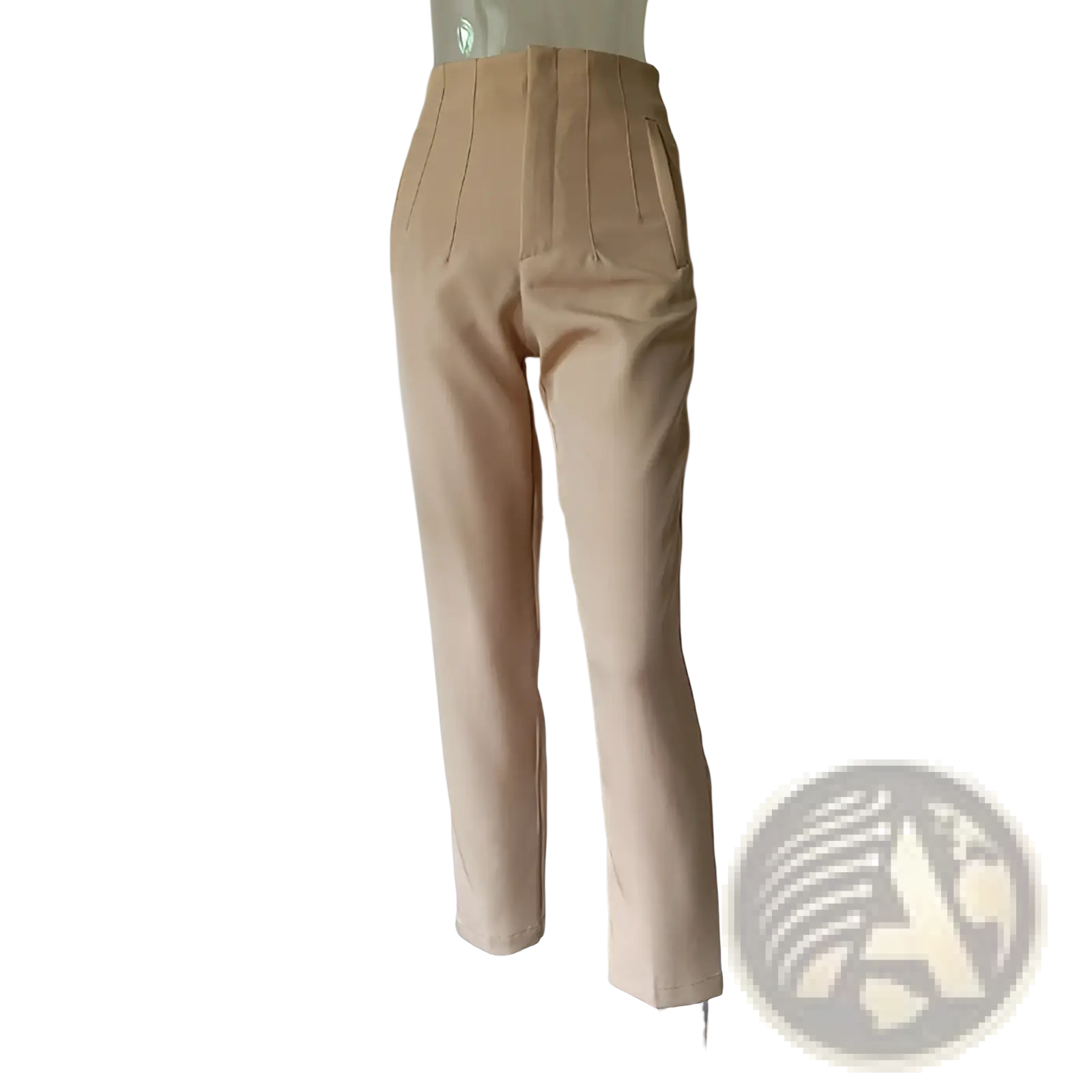 Beige high waist pleated straight leg trousers with tailored fit shown from the back view